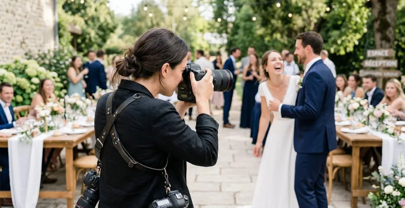 Un photographe professionnel de dos tient un boîtier photo équipé d'un téléobjectif lors d'un reportage de mariage en extérieur