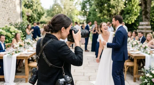Un photographe professionnel de dos tient un boîtier photo équipé d'un téléobjectif lors d'un reportage de mariage en extérieur