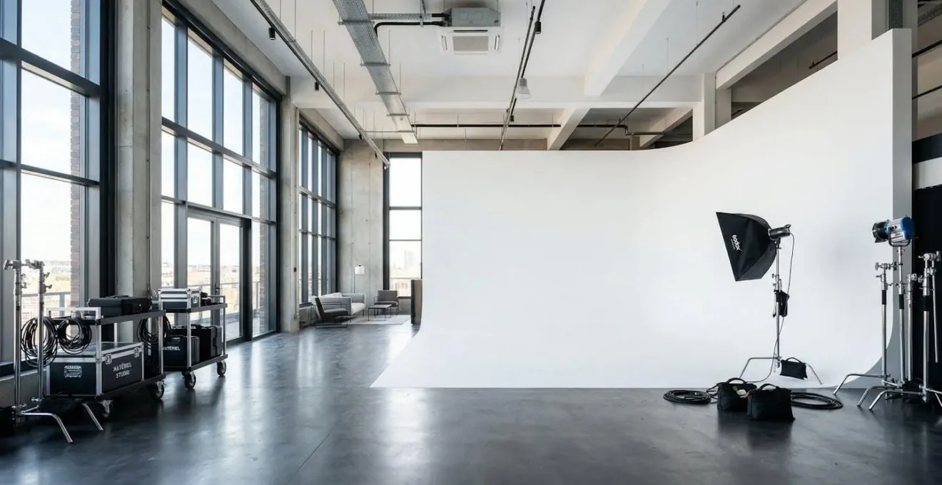 Intérieur d'un studio photo professionnel vide avec cyclorama blanc, flashs sur pieds et large fenêtre diffusant une lumière naturelle abondante